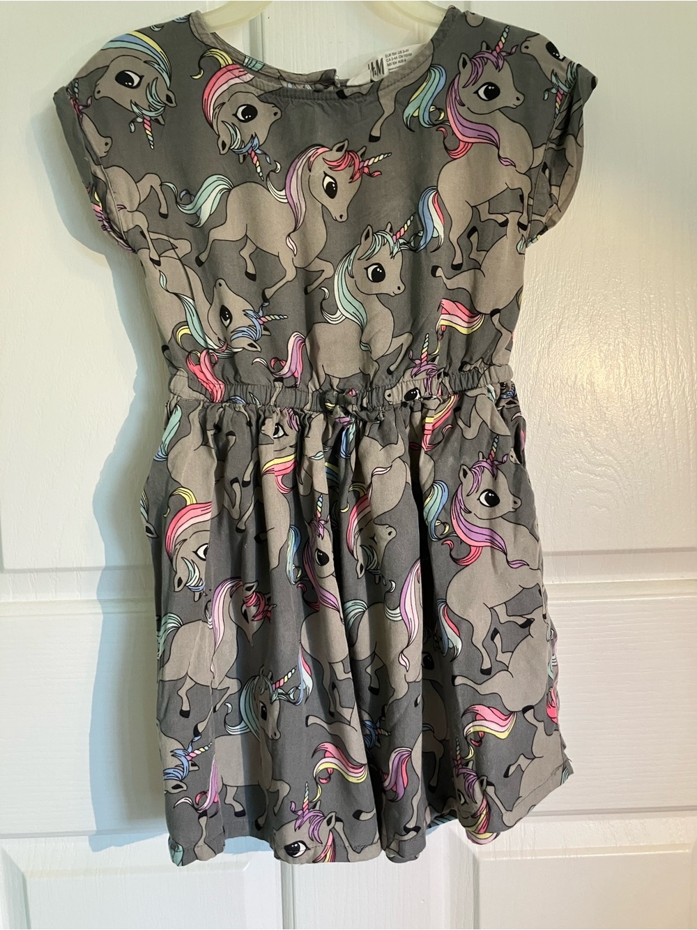 H&M Grey Girls' Unicorn Print Casual Dress with Pastel Mane Accents